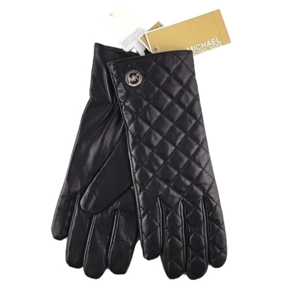 NWT Michael Kors Women Black Quilted Leather Gloves Touch Screen Compatible Sz M - Picture 1 of 9
